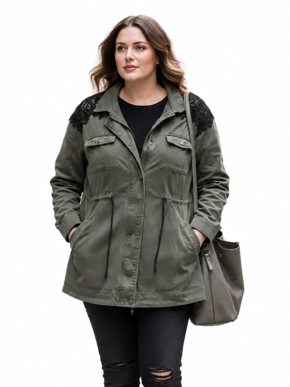 Torrid Olive Green Black Lace Twill Anorak Tie Waist Roll Up Sleeve Jacket 2X